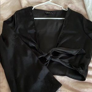 Black satin / tie blouse / bell sleeves